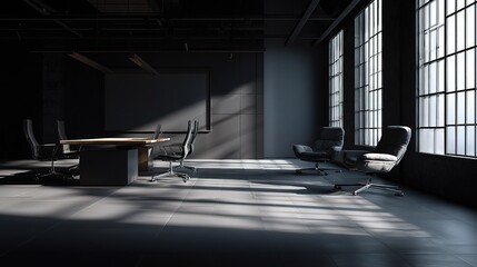 Poster - Abstract Dark Office Setting with Soft Lights and Shadows