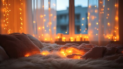 Wall Mural - soft festive lights in a dreamy bedroom background