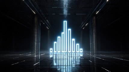 Poster - Neon Blue Glowing Bar Chart Rising in Mirrored Industrial Space