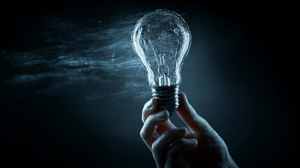 Poster - Hand holding cracked glass bulb, energy radiating outwards, symbolizes fragility of ideas, innovation, and potential for breakthrough