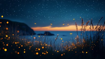 Wall Mural - golden firefly trails by the seaside background