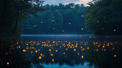 Wall Mural - cool firefly trails over a calm lake background