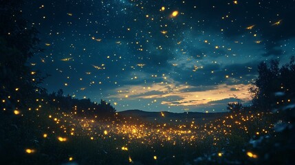 Wall Mural - gentle firefly trails under a starry sky background