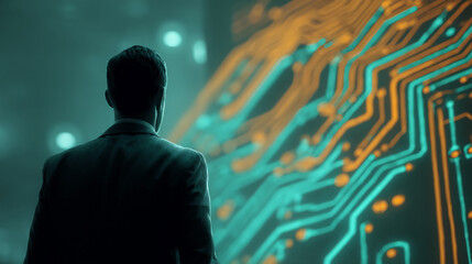 Poster - Businessman viewed from behind, facing teal and orange circuit board background, symbolizing technological innovation and future prospects