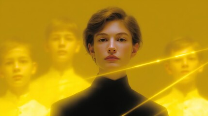 Aufkleber - a striking portrait of a young person with a serious expression. they stand out against a warm yello