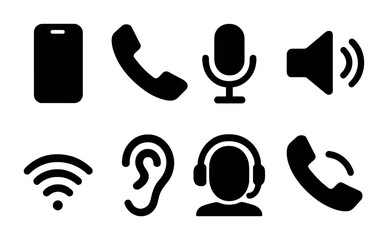 Poster - Communication technology silhouette icons set – audio, call, media symbols