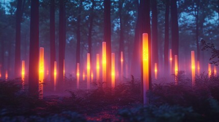 Wall Mural - flickering glow sticks in a misty forest background