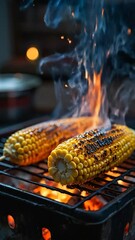 Poster - Two golden corn cobs grilling over an open flame, with sparks and smoke elegantly swirling. The warm, intimate glow of the embers contrasts with outdoor dusk lighting