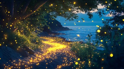 Wall Mural - glowing firefly trails by the seaside background