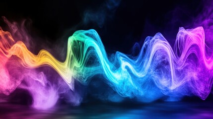 Fototapete - Abstract sound wave flowing through colorful glowing smoke on dark background, symbolizing rhythm and harmony