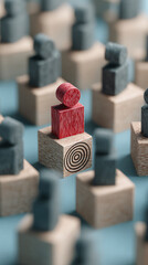 Aufkleber - Red and wood block shapes on a blue background, showcasing a unique design element, symbolizing leadership, standing out from the crowd, or target achievement
