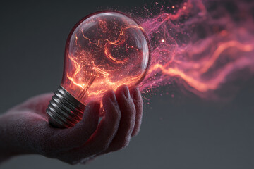 Poster - Glowing lightbulb in hand, emitting pink sparks, showcasing creativity, innovation, and new ideas, energy, and inspiration