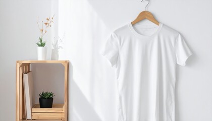 Poster - Display of minimalist white t-shirt on wooden hanger in bright room lifestyle photo calm and clean environment