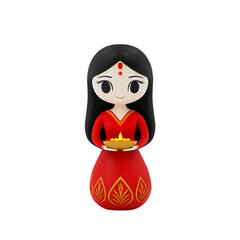 Poster - Animated 3D render of a young woman in a red dress holding a diya, traditional oil lamp. Black hair, simple features, transparent background.
