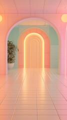 Wall Mural - pastel pink and blue archway hallway with illuminated door