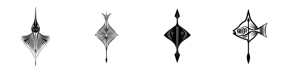 Poster - Vector illustration of four unique fish designs showcasing diverse patterns and shapes ideal for marine-themed projects and decoration