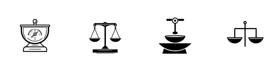Poster - Various vector illustrations of weighing scales representing balance and justice concepts in a minimalist design style