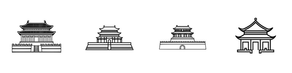 Poster - Icon set of traditional architectural designs depicting temples and historical buildings in a minimalist vector style