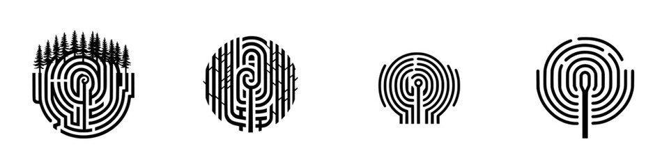 Poster - Unique vector illustrations depicting intricate maze patterns resembling human fingerprints and natural landscapes connected to nature and identity