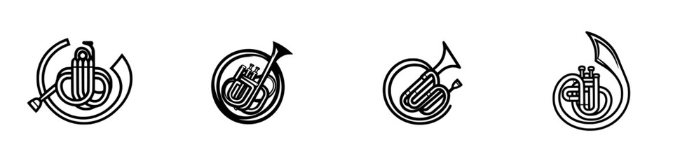 Poster - Vector illustration icons of various brass instruments in a minimalist style showcasing musical themes