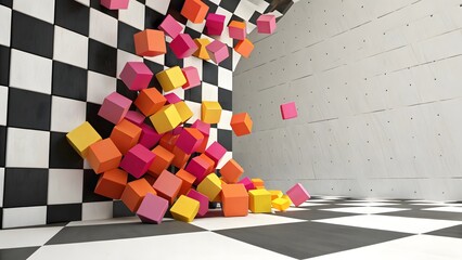 Aufkleber - Colorful cubes falling in a checkered room with white wall and black and white checkered floor