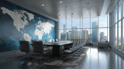Poster - Modern conference room with a world map mosaic wall, large windows showcasing a city skyline, and a long table surrounded by chairs, representing global business and success