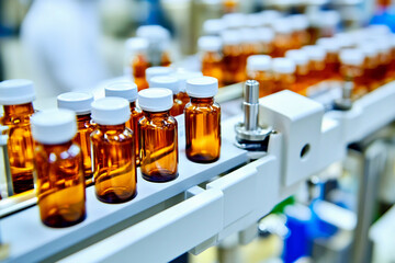 Poster - High-tech pharmaceutical production line with amber vials Generative AI