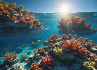 sun-dappled ocean surface, vibrant coral reef below, reef, underwater, stock