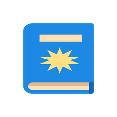 Poster - Illustration of a blue book with rounded corners and a yellow starburst symbol on the cover with tan accents