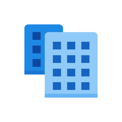 Poster - Illustration of two blue buildings with square windows overlapping each other in a simple and flat style
