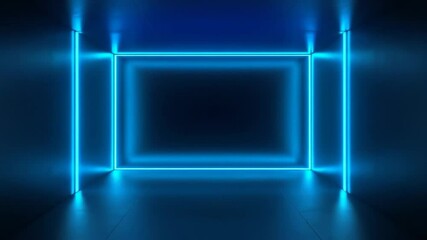 Poster - Abstract blue neon light frames creating tunnel effect. Sci-fi interior concept. Futuristic illuminated glowing lines geometric shapes structure for architectural background.
