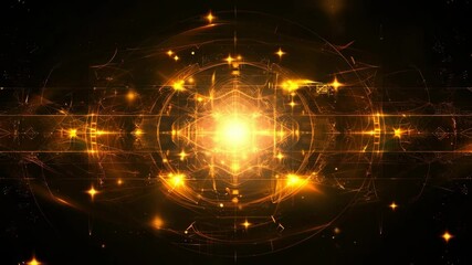 Poster - Abstraction of golden glowing light, fractal background with particles. Design of fantasy graphic motion and cosmic radiance, for technology and science concept.