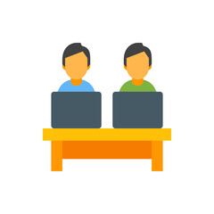 Poster - Two faceless people sitting at a desk with laptops working or studying in a brightly colored office space