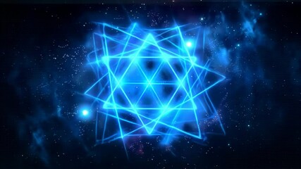 Poster - Digital blue glowing triangle geometric shape in dark space. Futuristic technology background with neon light for presentation template or sci-fi concept.