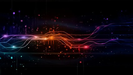 Poster - Abstract neon lines flowing on black background. Futuristic glow light trails and glitter particles for presentation template, technology and network data.