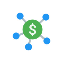 Poster - Illustration of a green circle with a dollar sign connected to blue circles by gray lines showing network