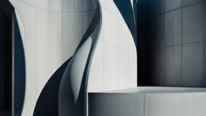 Poster - Abstract Concrete Architecture - Modern architectural detail showcasing smooth, curving concrete walls and shadowed recesses. Clean lines and geometric shapes