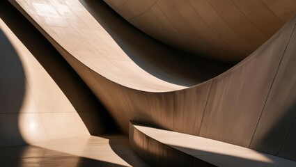 Poster - Abstract Wooden Architecture Design - Sunlit interior of a modern building with curved wooden walls and shadows. Architectural design, interior design, and abstract background