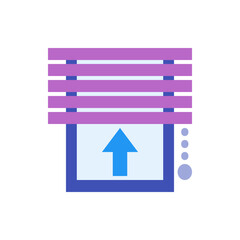Poster - Illustration of a window with purple blinds and a blue arrow pointing upwards in a blue frame design