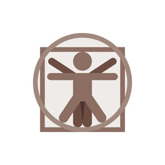 Poster - Illustration of a vitruvian man inside a square and circle, rendered in brown tones on a white background