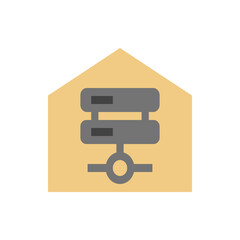 Poster - Illustration of a tan house shape containing a gray server rack connected to a circle below it