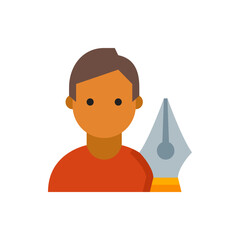 Poster - Illustration of a person with brown hair and an orange shirt next to a large fountain pen icon image