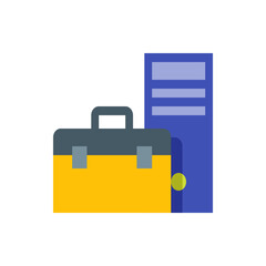 Poster - Illustration of a yellow and gray briefcase next to a blue server tower on a white background view