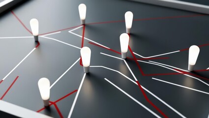 Poster - Illuminated Network Connections - Abstract of glowing lightbulbs connected by lines on a dark surface, representing network connections or ideas