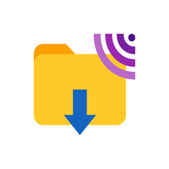 Poster - Yellow folder with a blue download arrow and purple wifi signal on a white background illustration