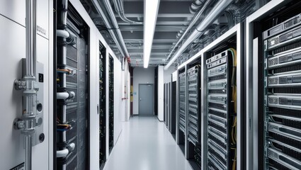 Poster - modern server room aisle infrastructure - clean, modern server room aisle showcasing advanced data c
