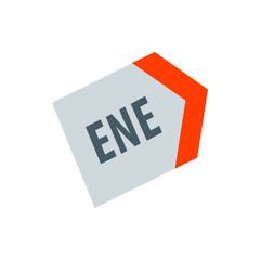 Poster - A slanted rectangle with the letters ene in gray and a red corner on the upper right side of the rectangle