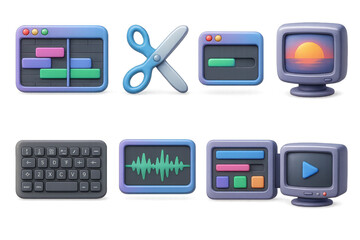 3d video editing icons set – timeline, scissors, clip, sunset, keyboard, waveform, play. 3D icon set