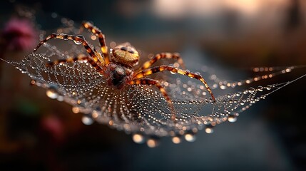 Morning dew on spider web nature macro photography closeup natural light serene atmosphere