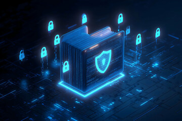 Aufkleber - A glowing digital folder with a shield icon is surrounded by padlocks, symbolizing cybersecurity and protected data on a virtual network.